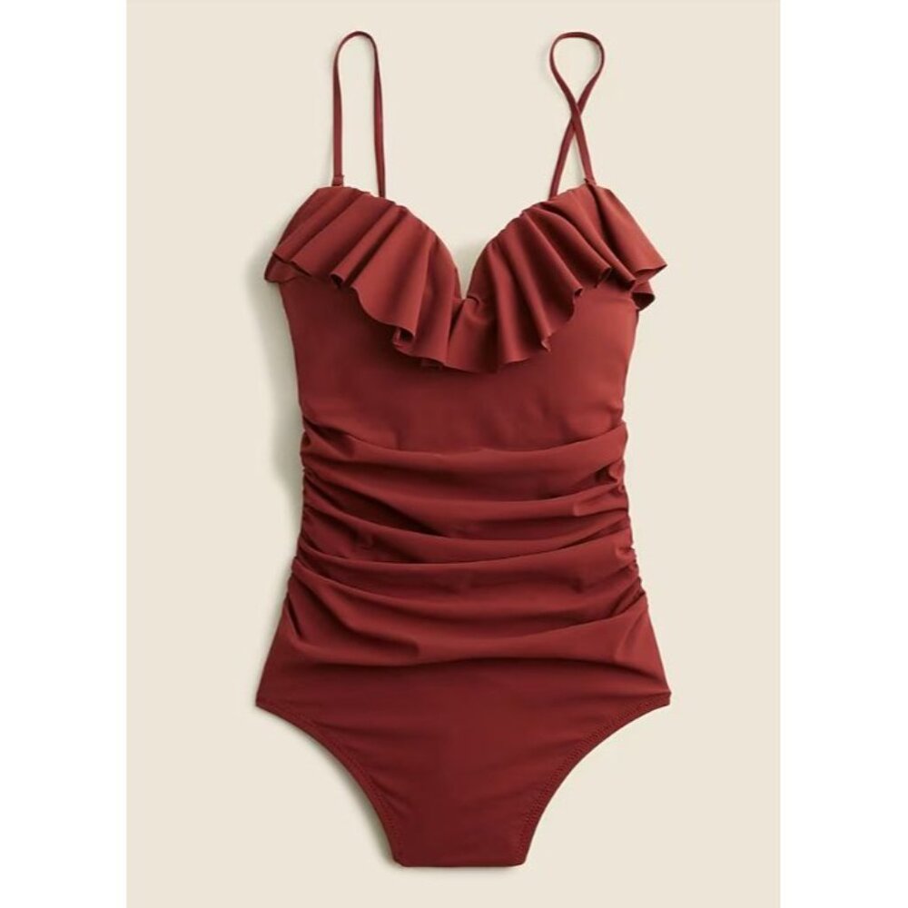 J. Crew NWOT Matte Ruched One-Piece Swimsuit with ruffles Sienna Red